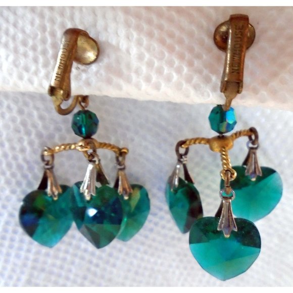 VINTAGE NEWHOUSE GREEN HEART CHANDELIER EARRINGS CLIP-ON STUNNING - Picture 4 of 4